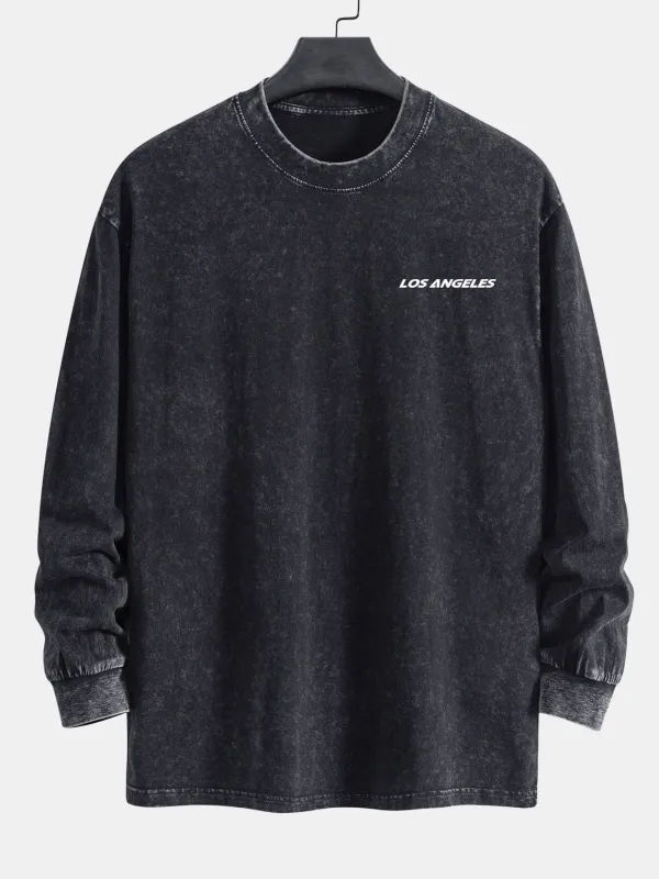 Los Angeles Print Relax Fit Long Sleeve Washed Distressed T-Shirt sold by Hoooyi