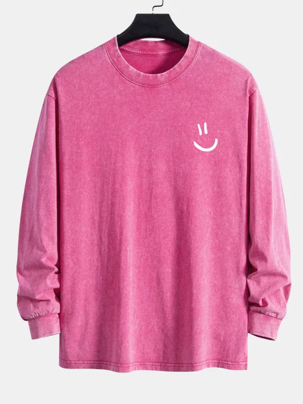 Smiley Face Print Relax Fit Long Sleeve Washed Distressed T-Shirt sold by Hoooyi