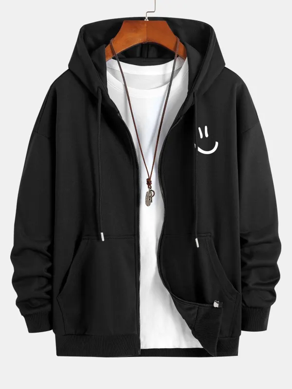Smiley Face Print Relax Fit Zip Hoodie sold by Hoooyi