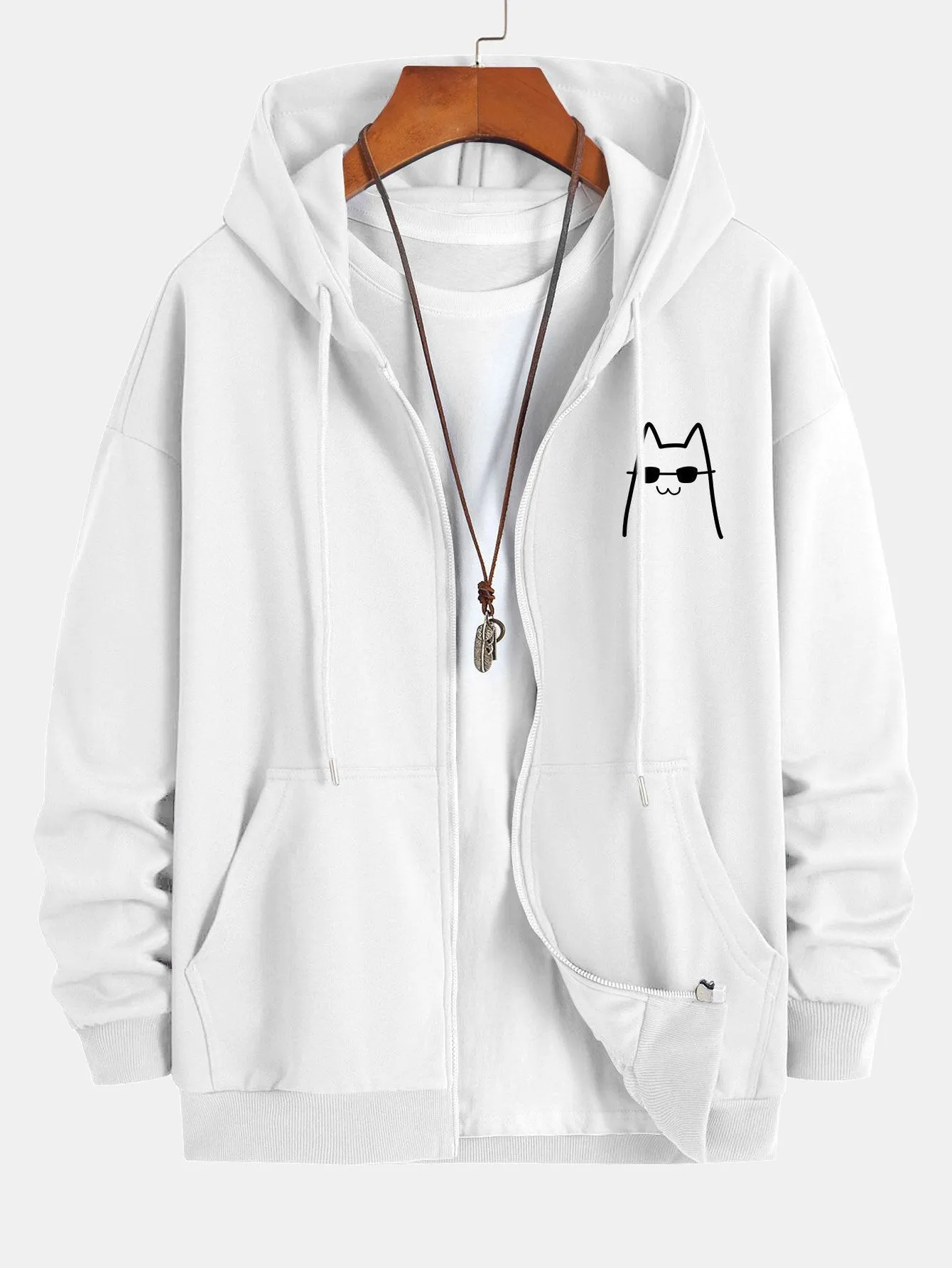 Cat With Sunglasses Print Relax Fit Zip Hoodie sold by Hoooyi product image thumbnail 4