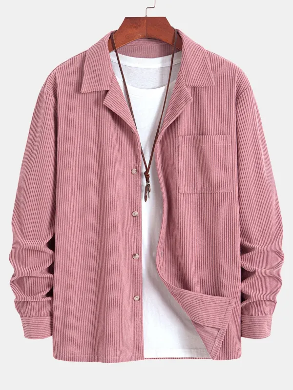 Long Sleeve Corduroy Cuban Collar Shirt sold by Hoooyi