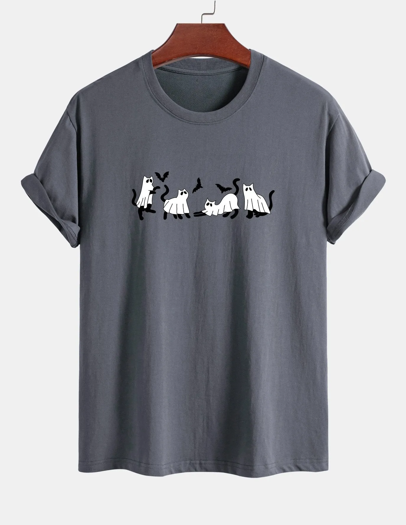 Regular Fit Black Cat Ghost Print Cotton T-Shirt sold by Hoooyi product image thumbnail 3