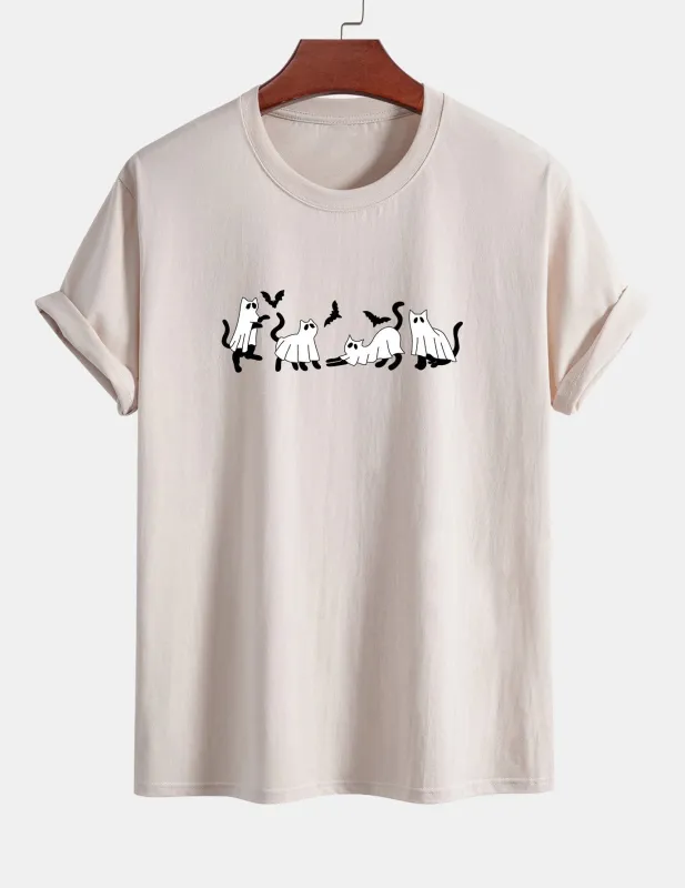 Regular Fit Black Cat Ghost Print Cotton T-Shirt sold by Hoooyi