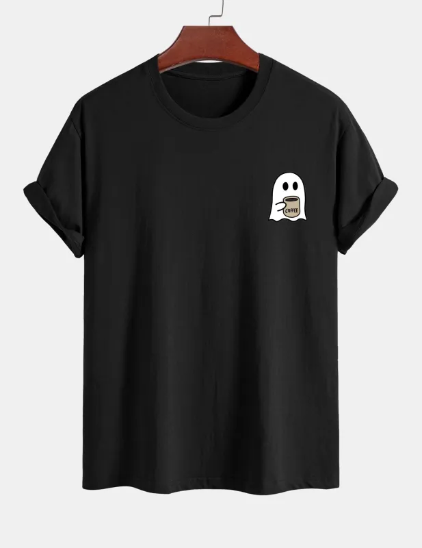 Regular Fit Ghost Drinking Coffee Print Cotton T-Shirt made by Hoooyi