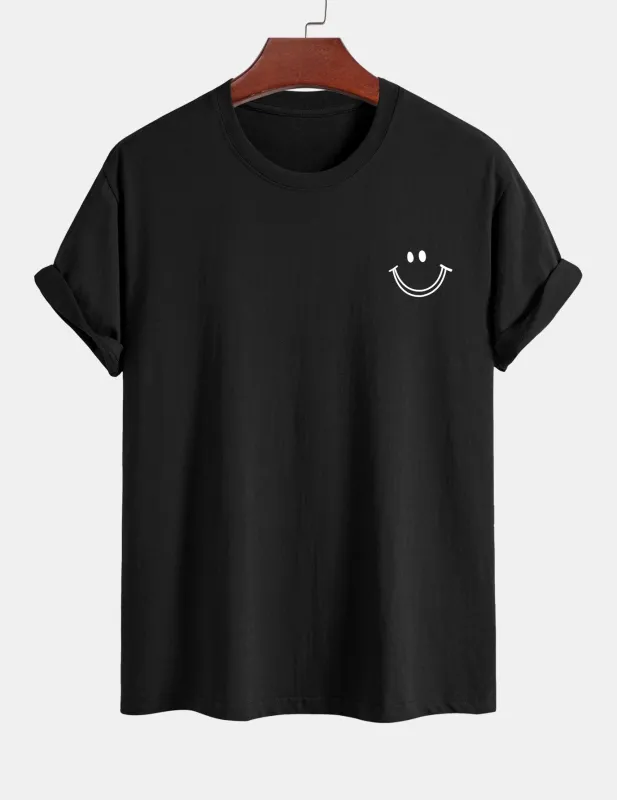 Regular Fit Smiley Face Print Cotton T-Shirt sold by Hoooyi