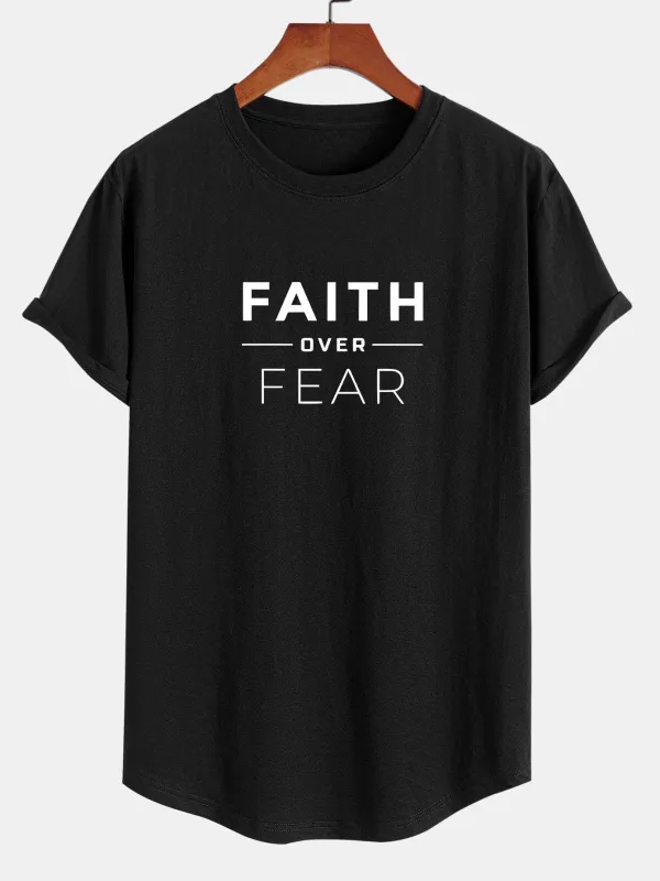 Faith Over Fear Print Cotton Arc Hem T-Shirt sold by Hoooyi