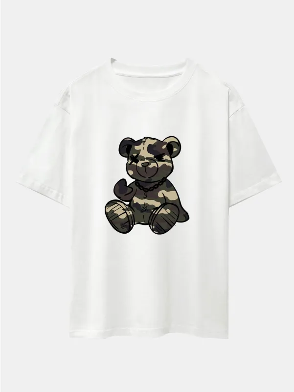 Camouflage Bear Print Drop Shoulder Oversize T-Shirt sold by Hoooyi