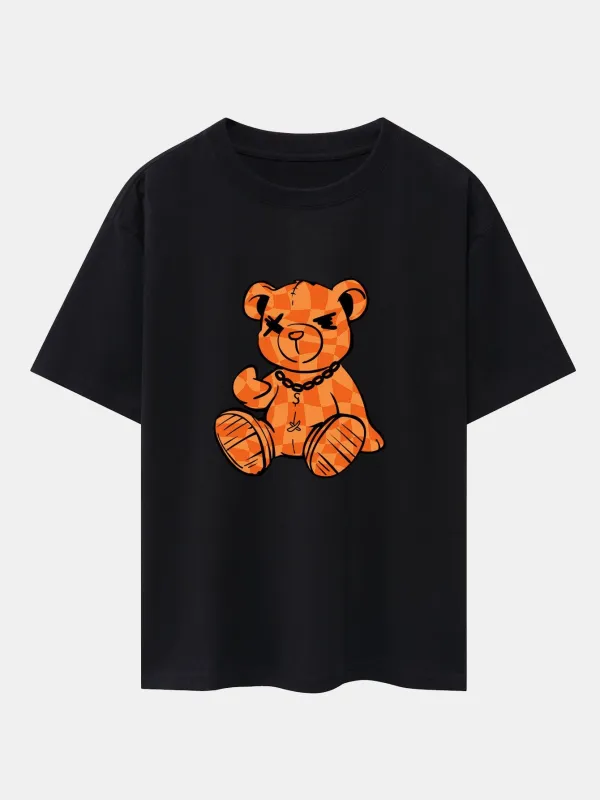 Orange Stitching Bear Print Drop Shoulder Oversize T-Shirt sold by Hoooyi