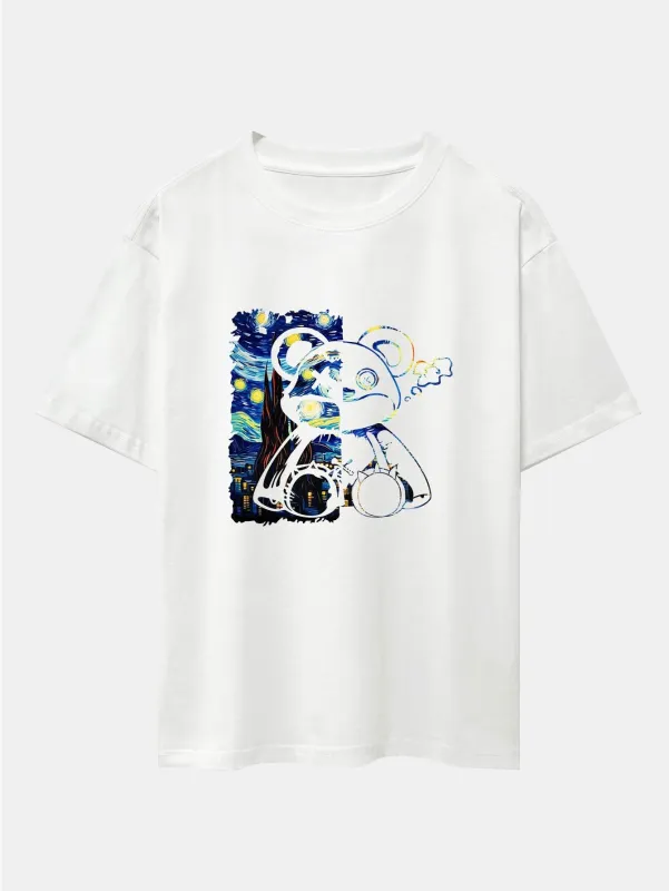 Starry Sky Bear Print Drop Shoulder Oversize T-Shirt made by Hoooyi