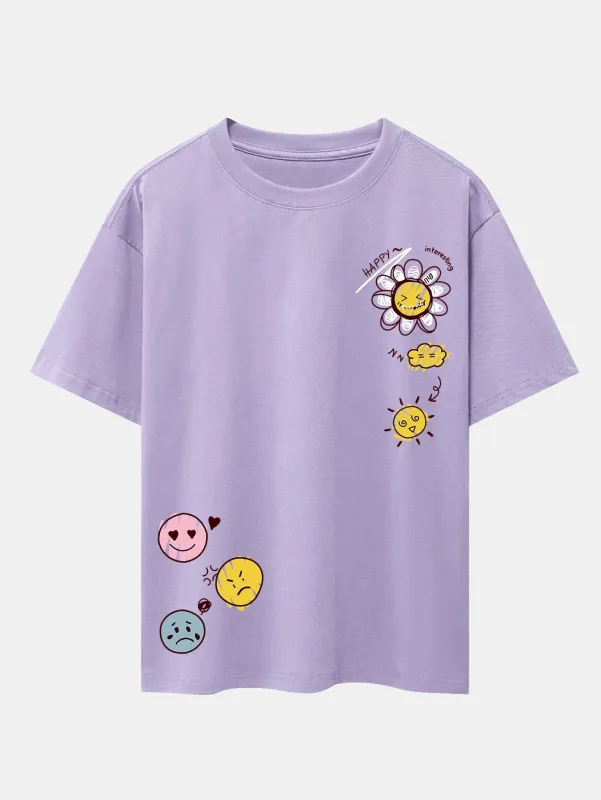 Sun And Flowers Print Drop Shoulder Oversize T-Shirt sold by Hoooyi