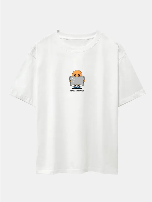 Cartoon Smiley Read Newspaper Print Drop Shoulder Oversize T-Shirt sold by Hoooyi