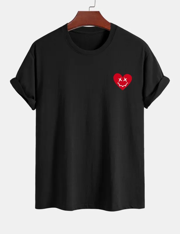 Regular Fit Heart Smiley Face Print Cotton T-Shirt sold by Hoooyi