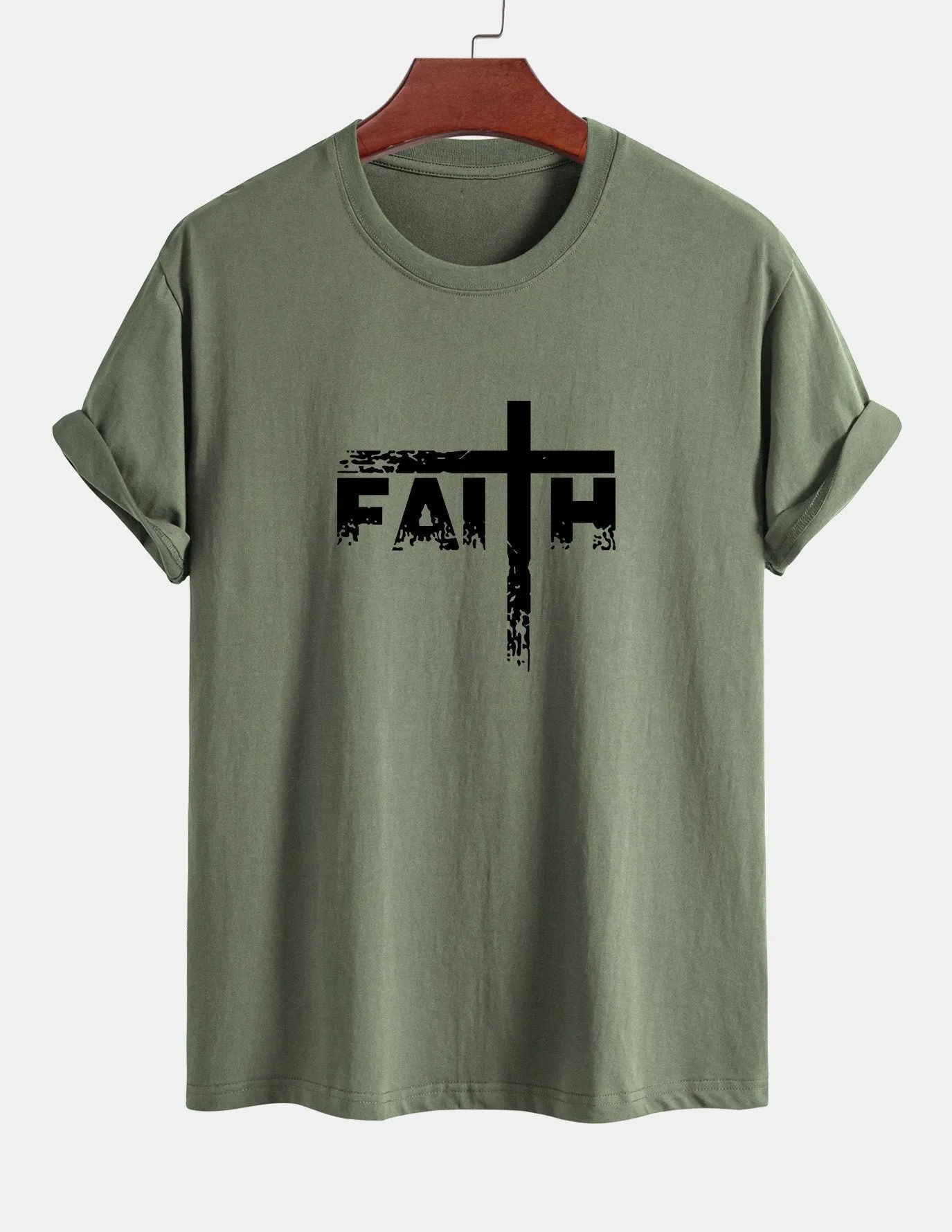 Regular Fit Faith Cross Print Cotton T-Shirt sold by Hoooyi