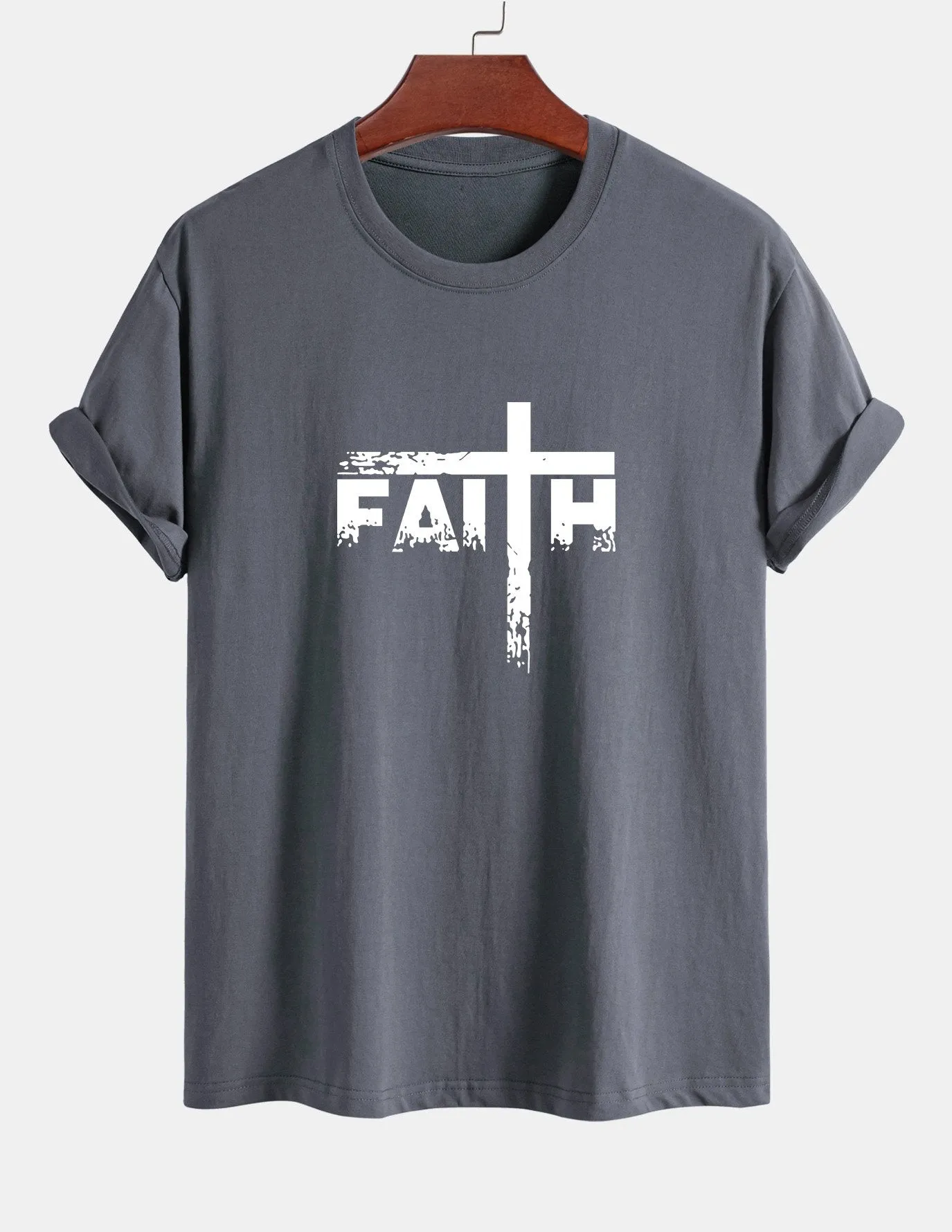 Regular Fit Faith Cross Print Cotton T-Shirt sold by Hoooyi product image thumbnail 2