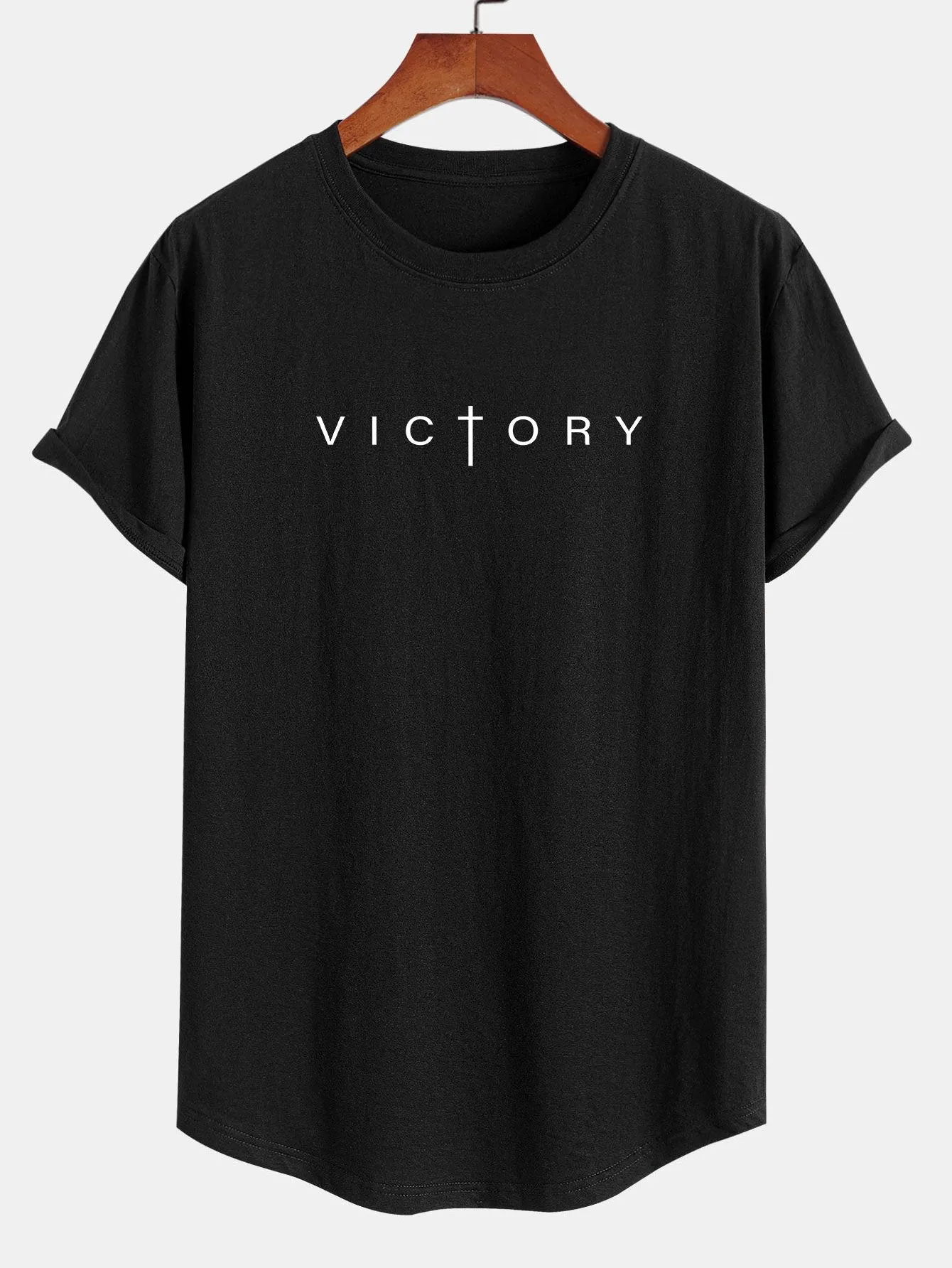 Victory Slogan Print Cotton Arc Hem T-Shirt sold by Hoooyi product image thumbnail 3