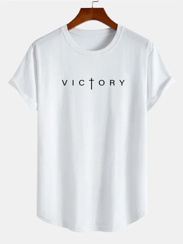 Victory Slogan Print Cotton Arc Hem T-Shirt sold by Hoooyi