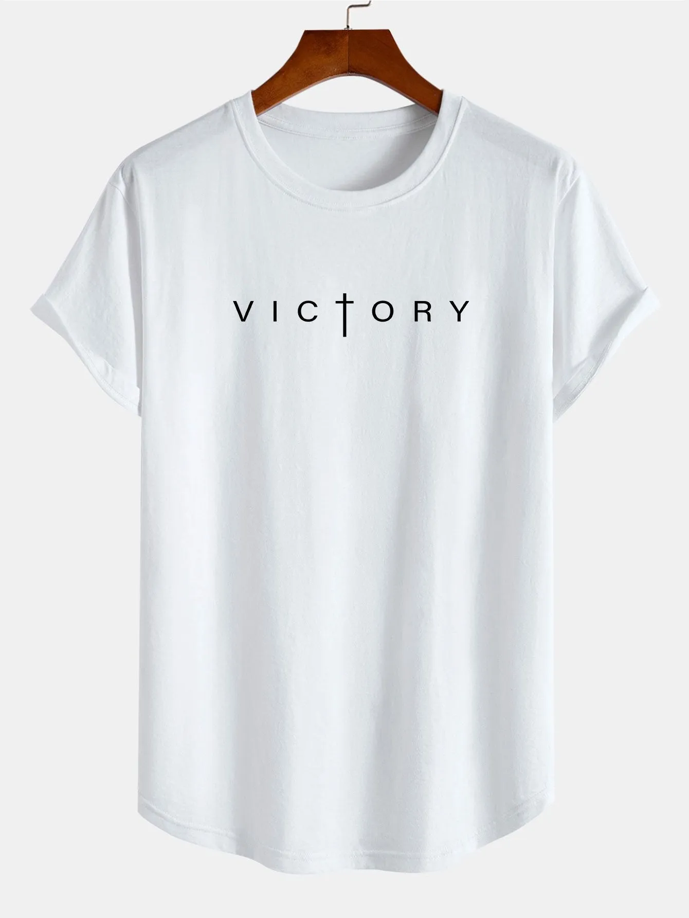 Victory Slogan Print Cotton Arc Hem T-Shirt sold by Hoooyi