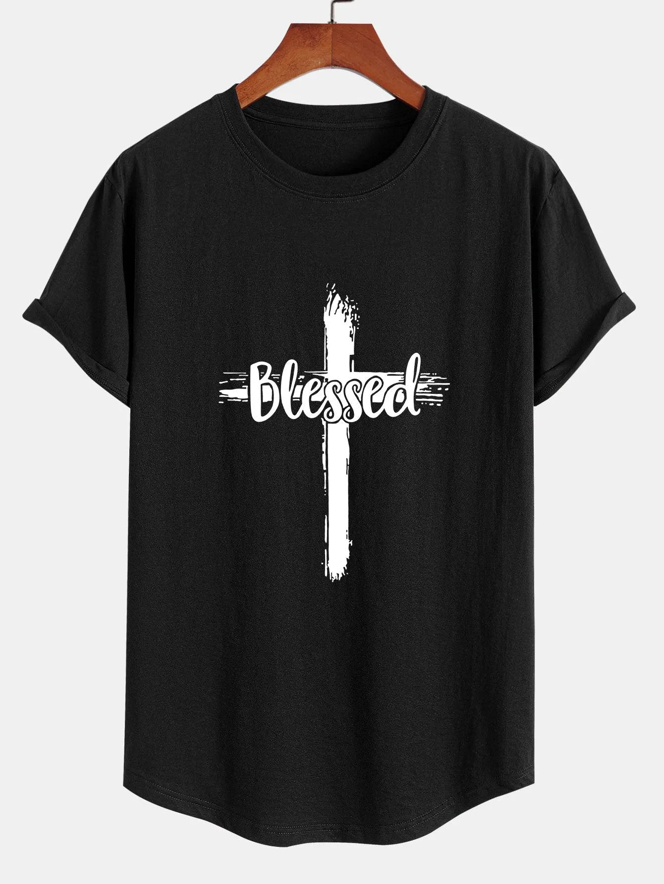 Blessed Cross Print Cotton Arc Hem T-Shirt sold by Hoooyi