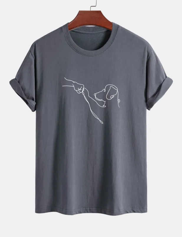 Regular Fit Dog Line Drawing Print Cotton T-Shirt sold by Hoooyi