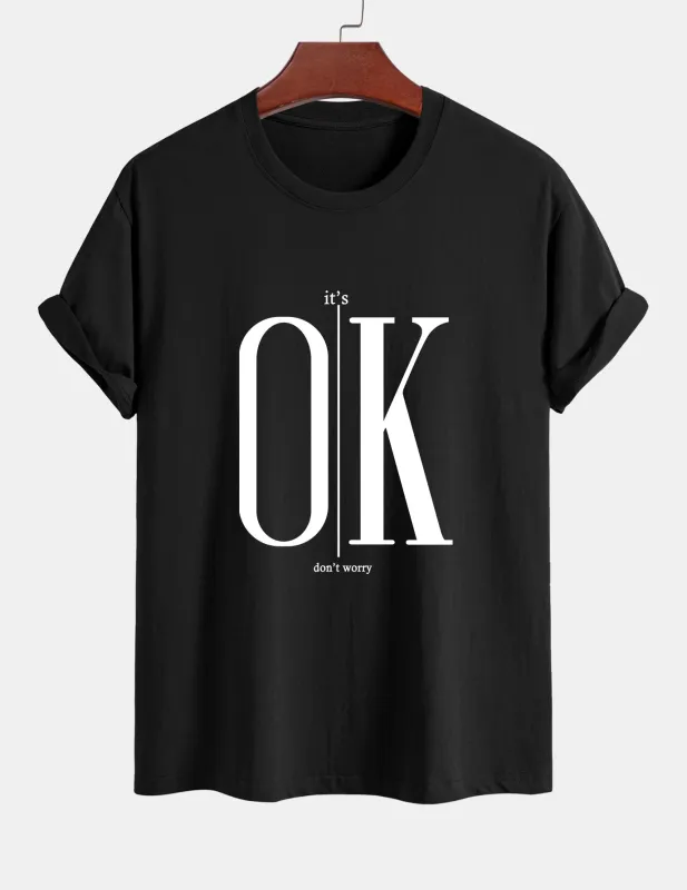 Regular Fit OK Slogan Print Cotton T-Shirt sold by Hoooyi