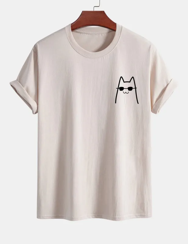 Regular Fit Cat With Sunglasses Print Cotton T-Shirt sold by Hoooyi