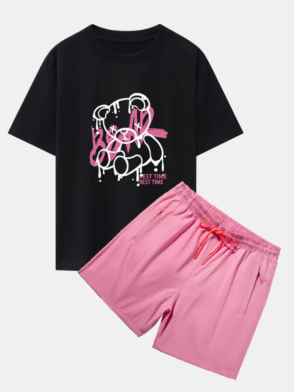 Dissolving Bear Print Drop Shoulder Oversize T-Shirt & Zip Pocket Swim Shorts sold by Hoooyi