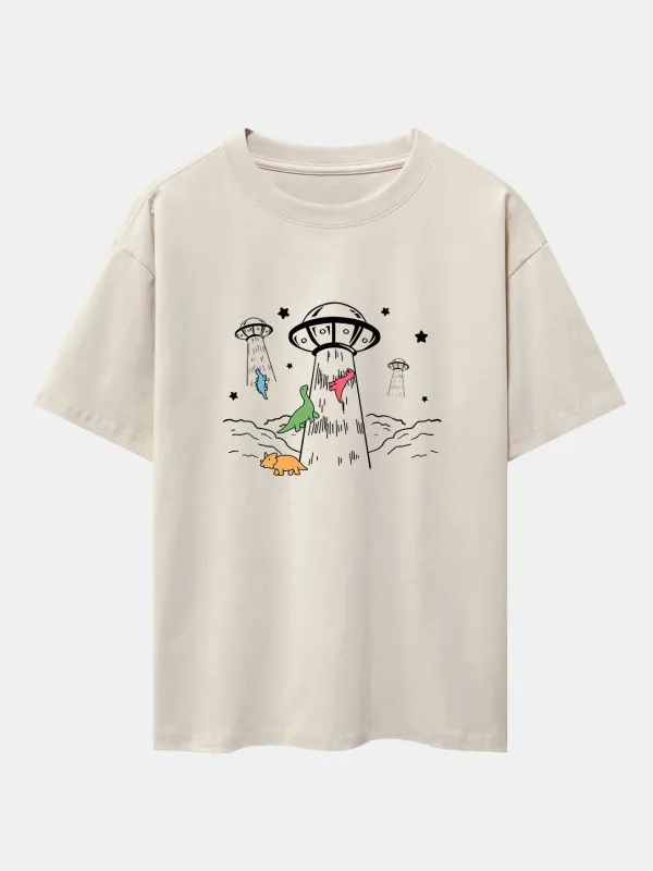 UFO Take Away Dinosaurs Print Drop Shoulder Oversize T-Shirt made by Hoooyi