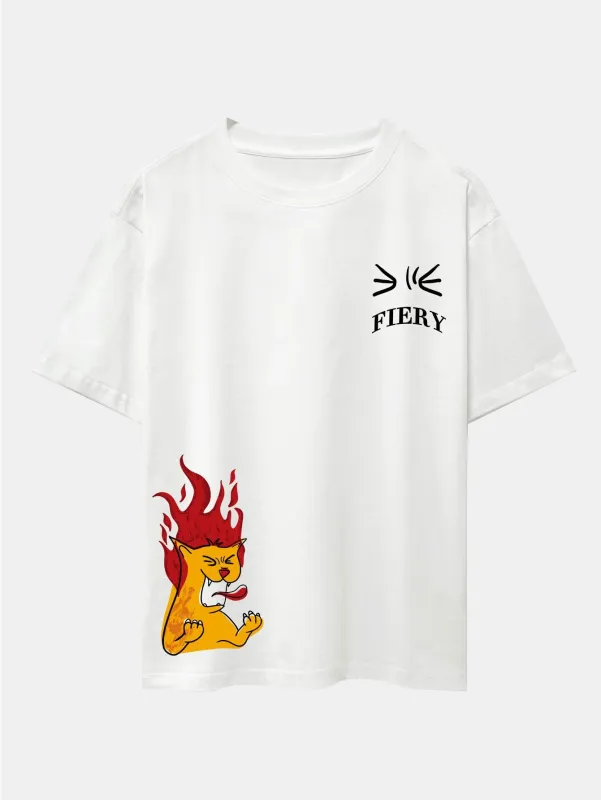 Fiery Cat Print Drop Shoulder Oversize T-Shirt made by Hoooyi