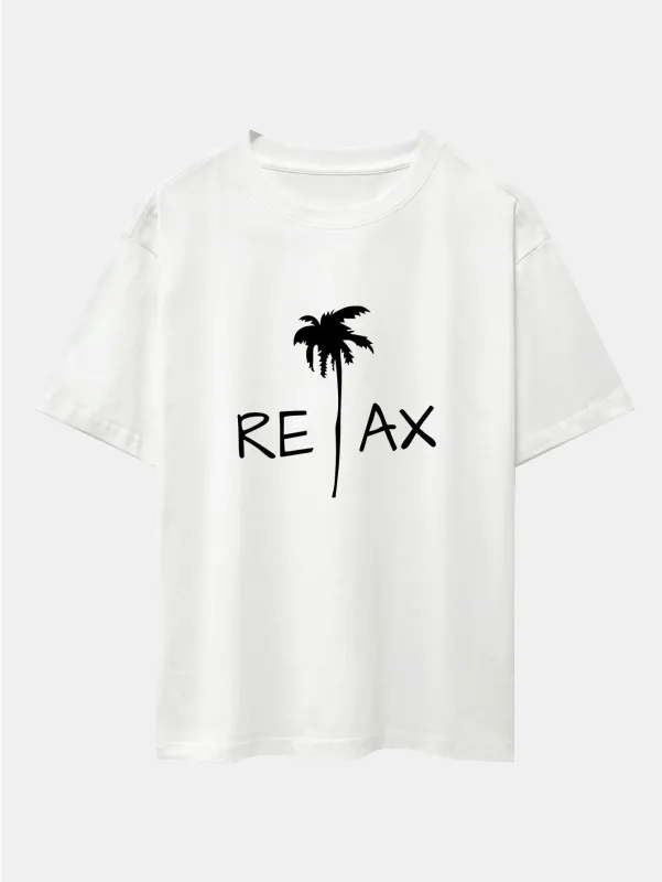 Relax Palm Tree Print Drop Shoulder Oversize T-Shirt sold by Hoooyi