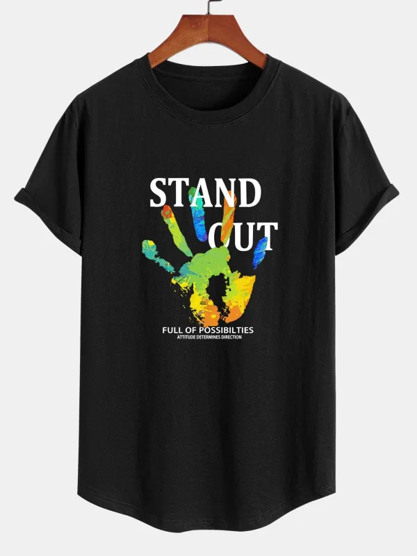 Handprint Slogan Print Cotton Arc Hem T-Shirt sold by Hoooyi
