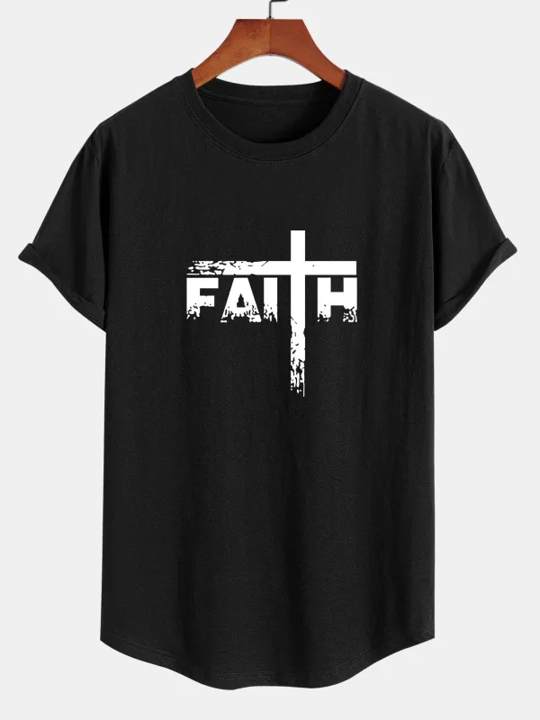 Faith Cross Print Cotton Arc Hem T-Shirt sold by Hoooyi