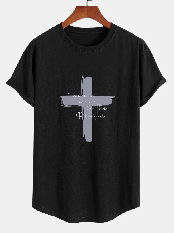Cross Slogan Print Cotton Arc Hem T-Shirt sold by Hoooyi