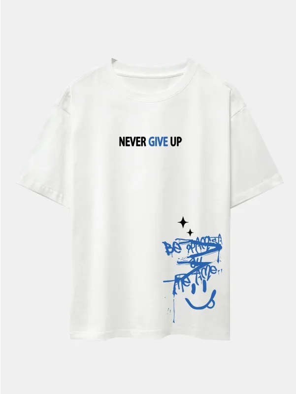 Never Give Up Smiley Face Print Drop Shoulder Oversize T-Shirt made by Hoooyi