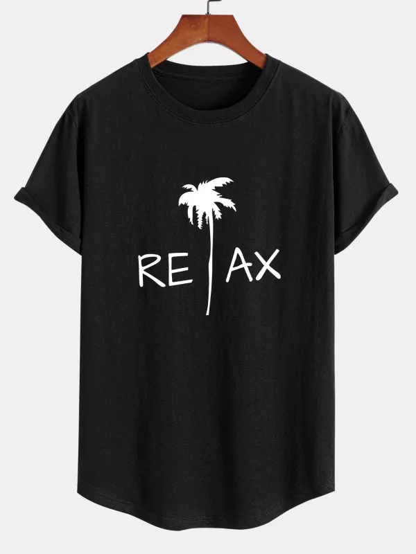 Relax Palm Tree Print Cotton Arc Hem T-Shirt sold by Hoooyi