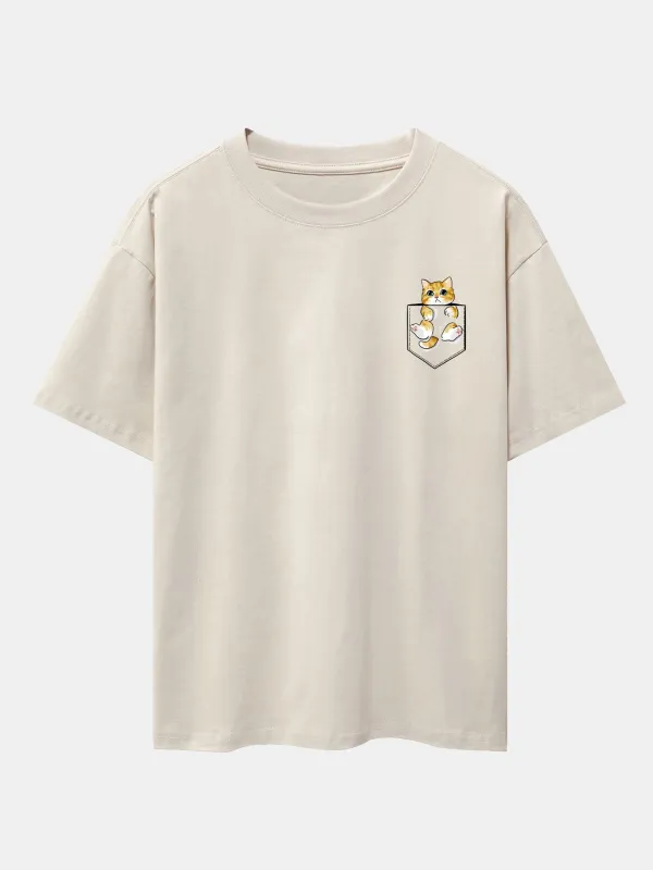 Pocket Cat Print Drop Shoulder Oversize T-Shirt made by Hoooyi