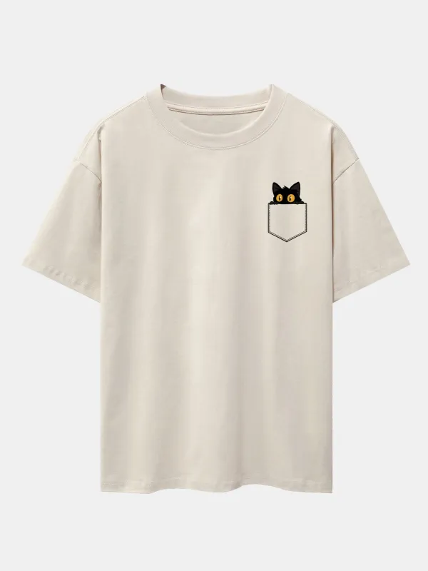 Pocket Black Cat Print Drop Shoulder Oversize T-Shirt made by Hoooyi