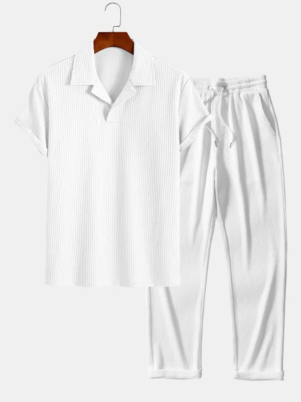 Ribbed Cuban Collar Polo & Straight Leg Ribbed Pants sold by Hoooyi