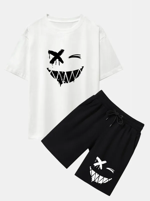 Dissolved Smiley Face Print Drop Shoulder Oversize T-Shirt & Shorts made by Hoooyi