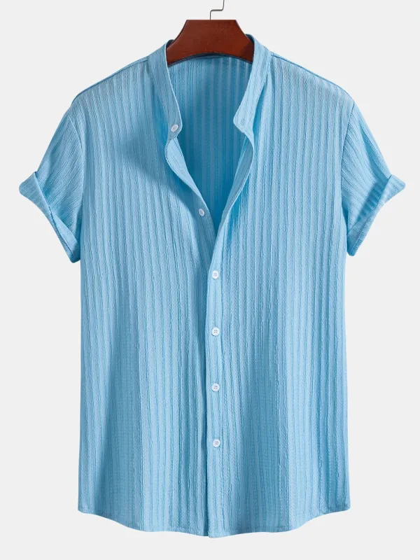 Muscle Fit Texture Ribbed Stand Collar Shirt sold by Hoooyi