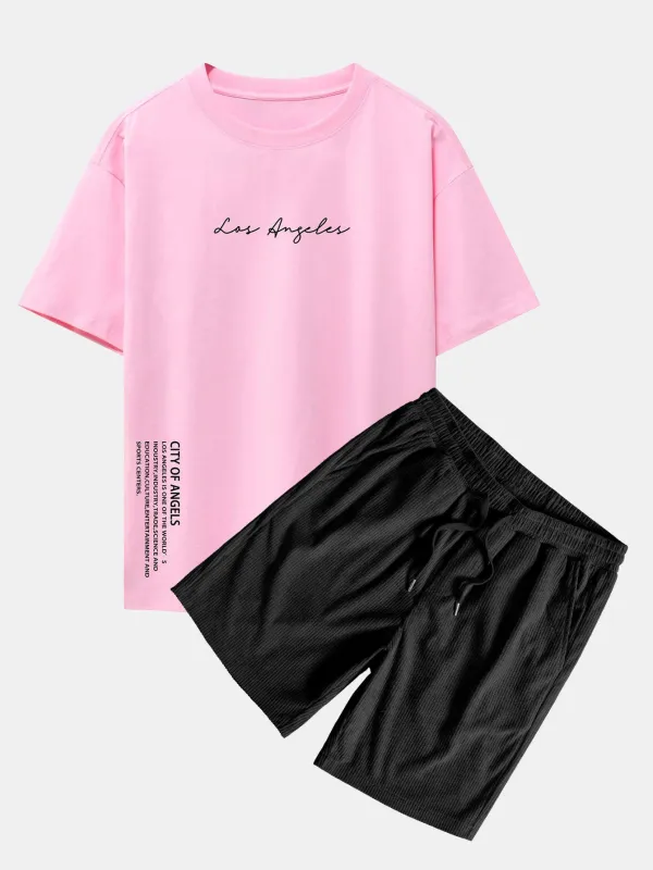 Los Angeles Print Drop Shoulder Oversize T-Shirt & Corduroy Drawstring Shorts sold by Hoooyi