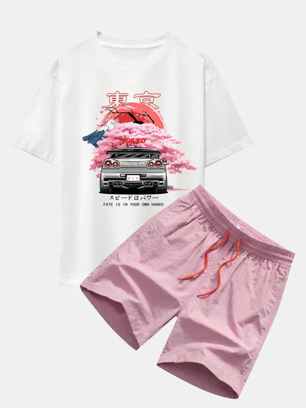 Tokyo Cherry Blossoms Car Print Drop Shoulder Oversize T-Shirt & Swim Shorts made by Hoooyi