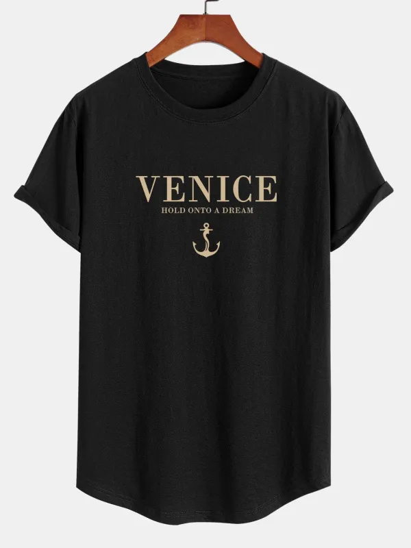 Venice Anchor Print Cotton Arc Hem T-Shirt sold by Hoooyi
