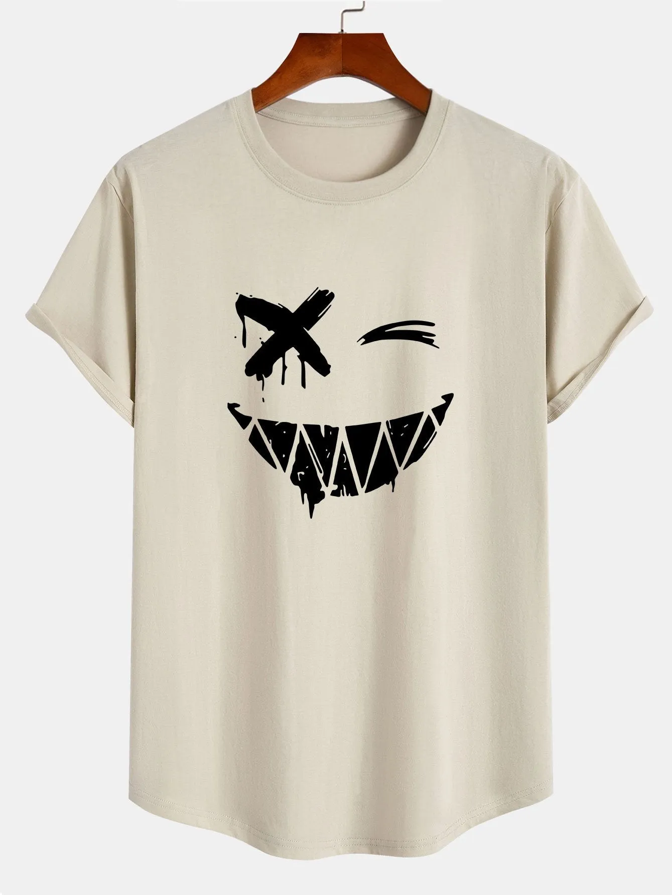 Smiley Face Print Cotton Arc Hem T-Shirt sold by Hoooyi product image thumbnail 3