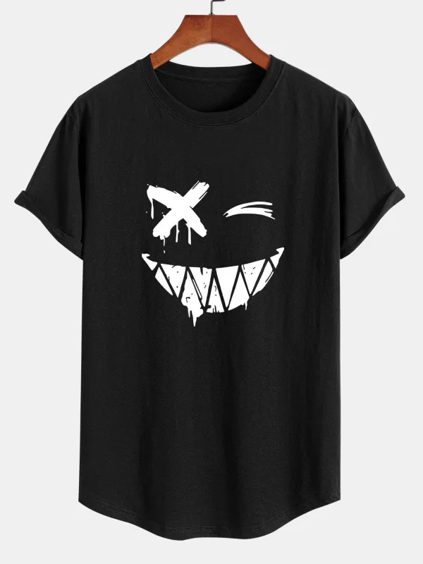 Smiley Face Print Cotton Arc Hem T-Shirt sold by Hoooyi