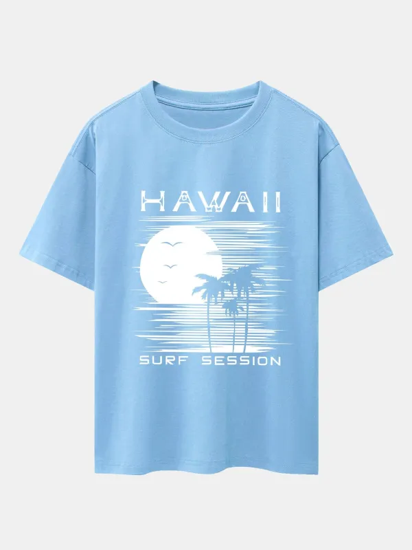 Hawaii Sun Palm Trees Print Drop Shoulder Oversize T-Shirt sold by Hoooyi