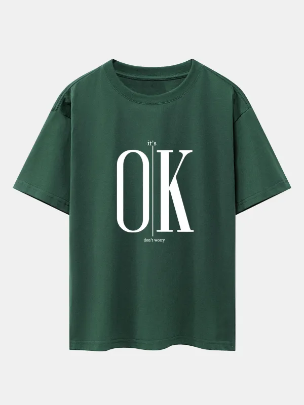OK Slogan Print Drop Shoulder Oversize T-Shirt sold by Hoooyi