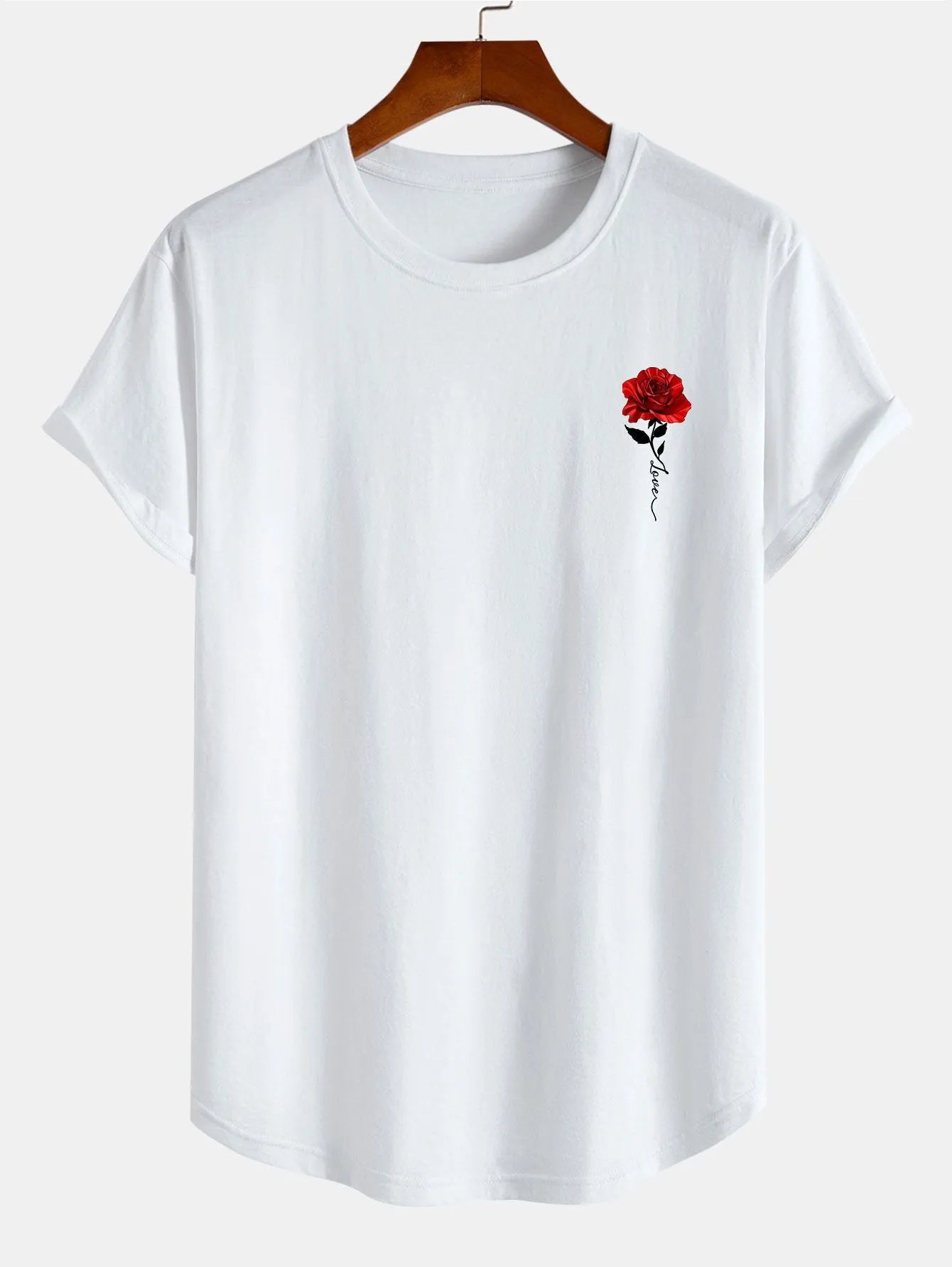 Rose Print Cotton Arc Hem T-Shirt sold by Hoooyi