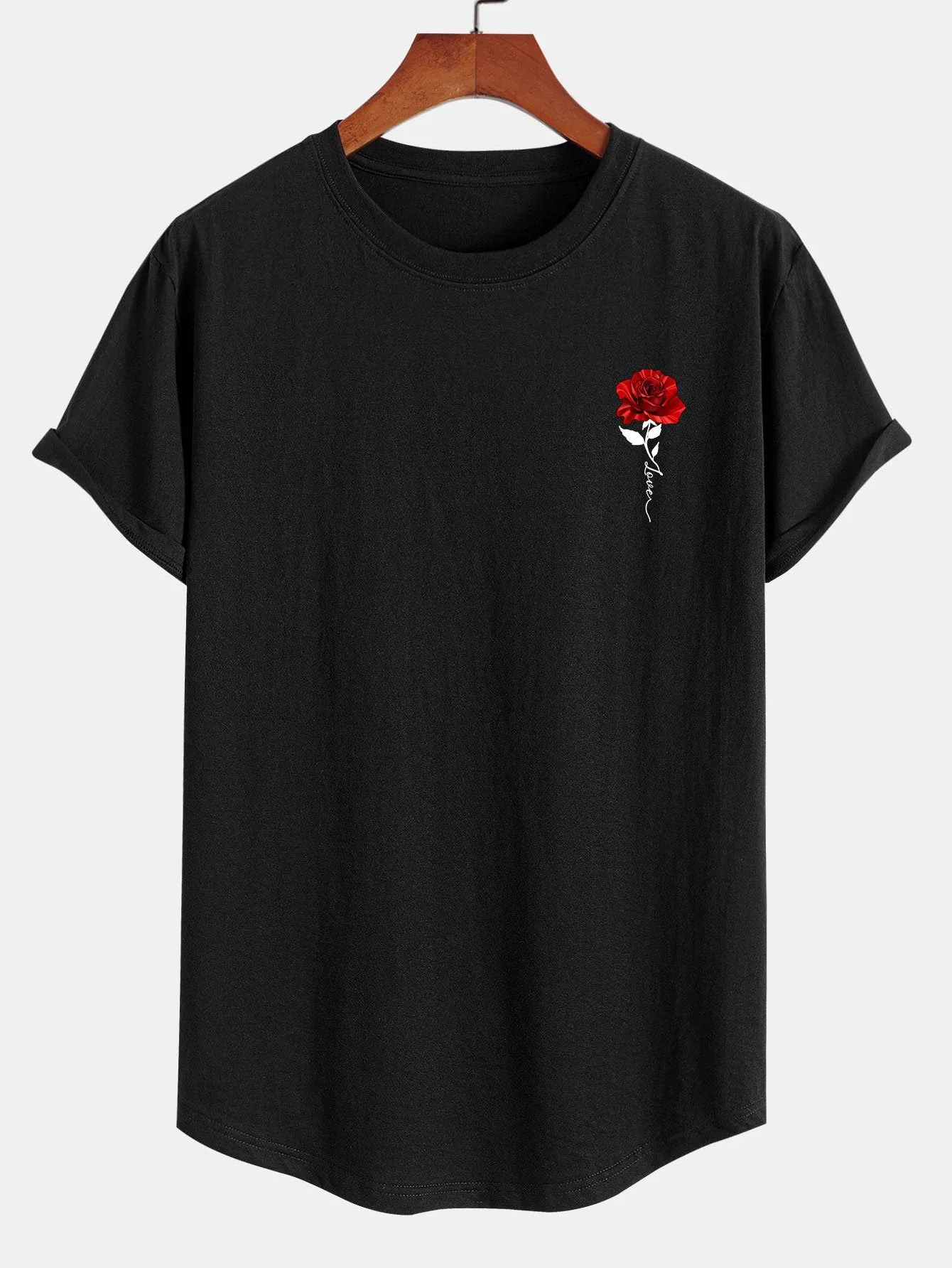 Rose Print Cotton Arc Hem T-Shirt sold by Hoooyi product image thumbnail 5