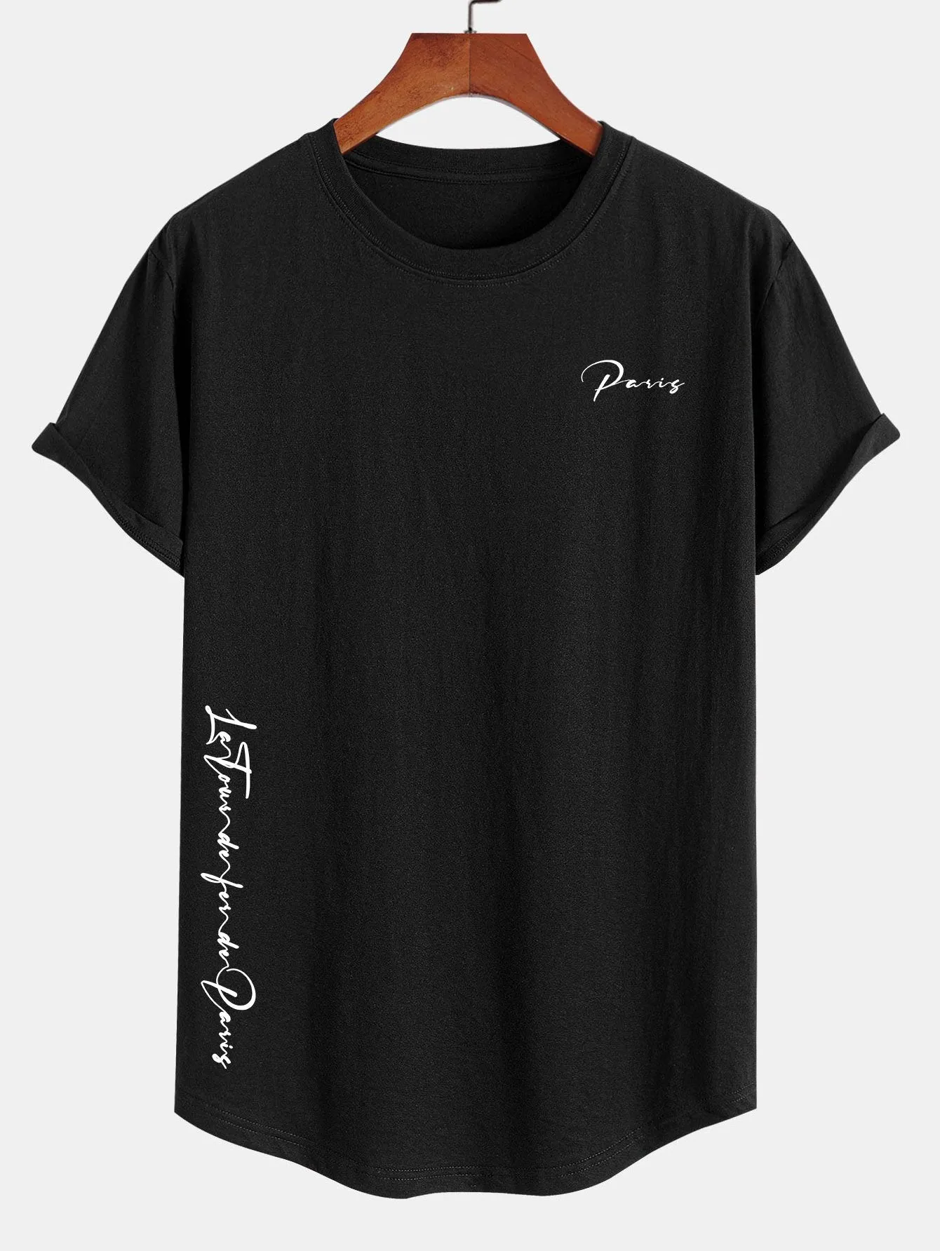 Paris Slogan Print Cotton Arc Hem T-Shirt sold by Hoooyi