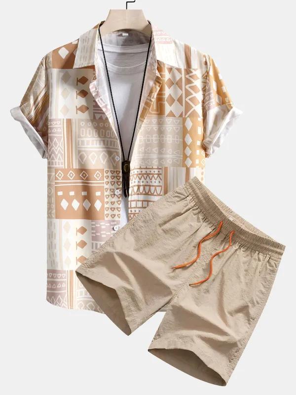 Tribal Geometric Patchwork Print Button Up Shirt & Swim Shorts sold by Hoooyi